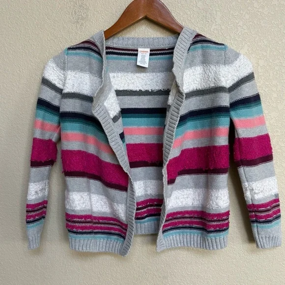 Gymboree Gray Striped Open Cardigan Sweater‎ Pink Teal M (7-8)