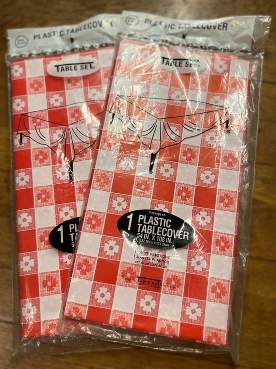 Vintage Red and White Checkered Plastic Tablecover - Set of 2