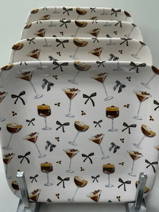 Rachel Zoe Appetizer Plates Melamine Chocolate Martini & Black Bow 6” NEW
