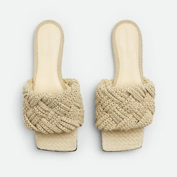 Bottega Veneta Lido Flat Sandal with Intrecciato Raffia in White