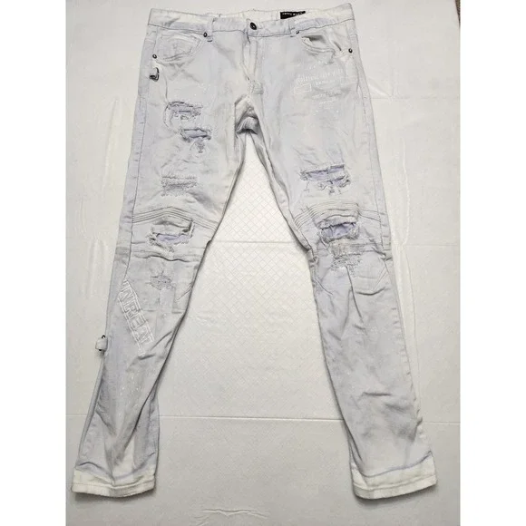 Smoke Rise Jeans Mens 40x32 Blue Light Wash Distressed Skinny Moto Biker Denim