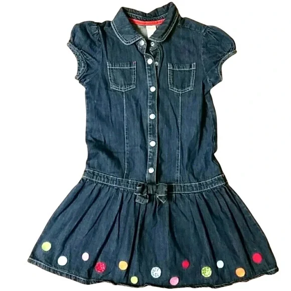 Gymboree Girls Denim Short Sleeve Embroidered Polka‎ Dot Snap Dress Size 9