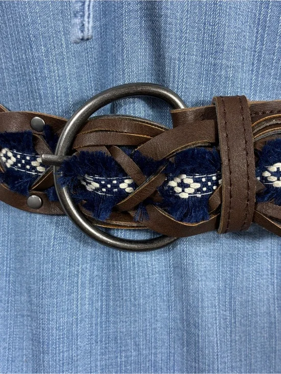 Womens belt 42” Braided Brown Faux Leather with frayed Navy Woven Detail Boho