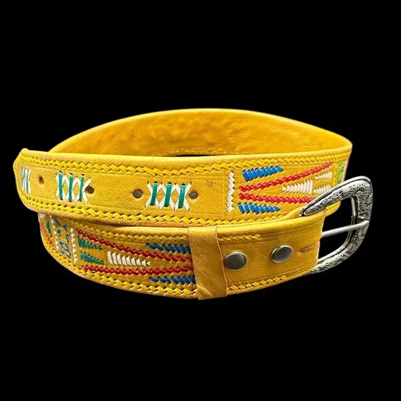 Leather Women's Belt Women Medium Southwestern Aztec Yellow Multi Weave