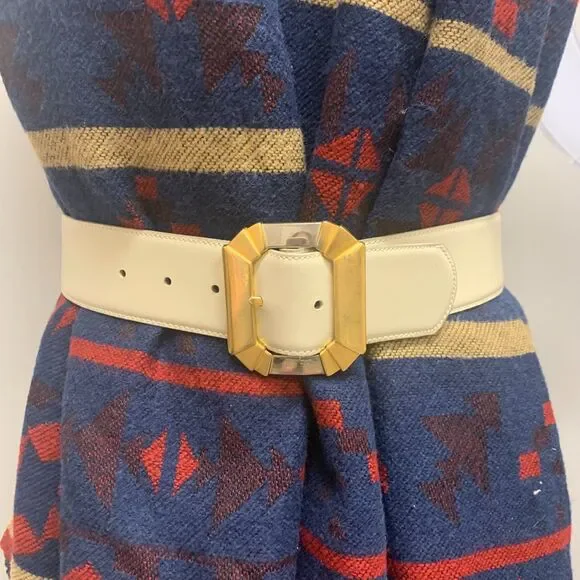 Vintage Retro Cream Leather Art Deco‎ Belt Gold Silver Buckle Art to Wear Medium
