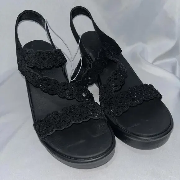 Skechers Luxe Foam Wedge Sandals Women’s Size 11 Black Rhinestone Strappy 2.5 in
