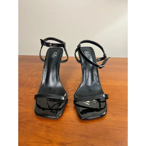 Adika Black Patent Flame Sculptural Heel Square Toe Ankle Strap Sandals Size 7