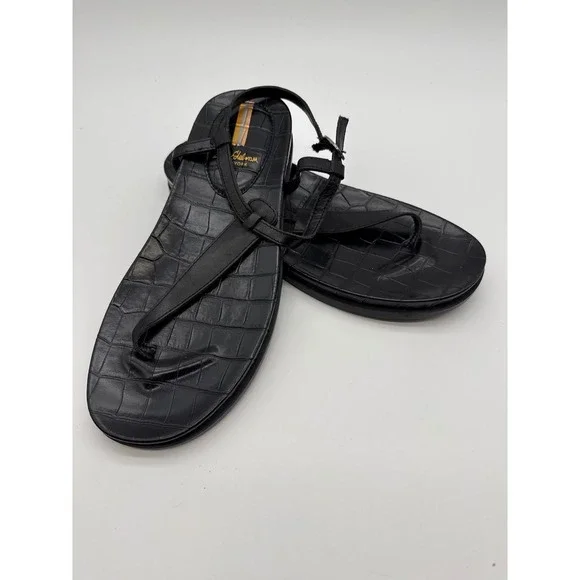 Sam Edelman Womens Black Croc Embossed T-Strap Buckle Ankle Sandals Size 7