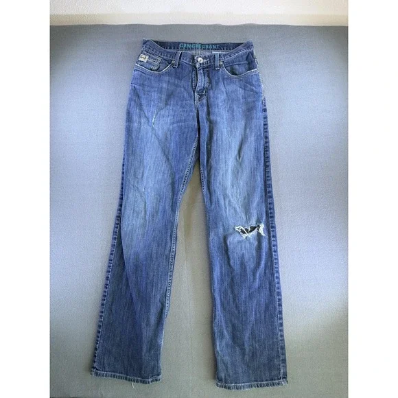 Cinch Grant Jeans Mens 30x34 Medium Wash Blue Relaxed Bootcut Distressed Denim
