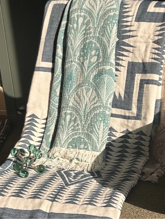 Succulent Bath Beach Towel in Teal Green Ecru White Modern Woven Design 38 x 72