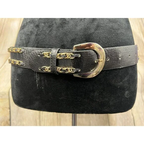 Women Faux Leather‎ Belt Double Gold Tone Chain Sz S Mob Wife Chic Statement