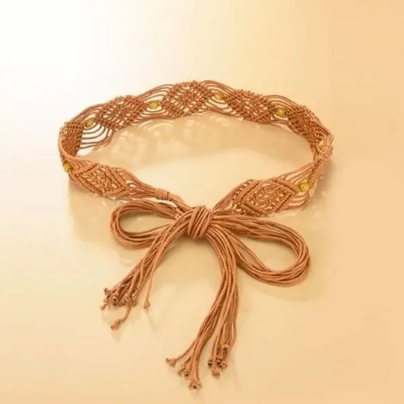 2/$30 NEW Thin Rope Belt Tie Up Bohemian Pearls Braided Dress Waistband Macrame