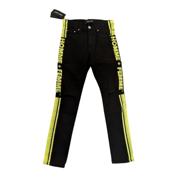 Homme Femme Neon Logo Striped Black Jeans Size 28 New