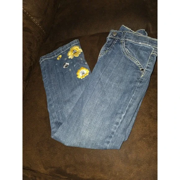Gymboree bright owl denim jeans size 9 yellow flowers