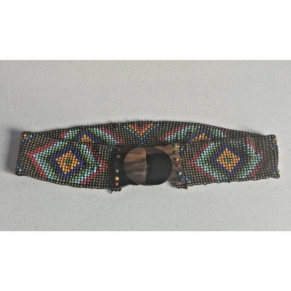 Mexican Handmade Beaded Stretch Belt Boho tribal southwest Bead Wood Buckle