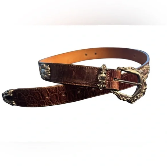 Brighton Brown Croc-Texture Leather Belt with Ornate Gold Buckle