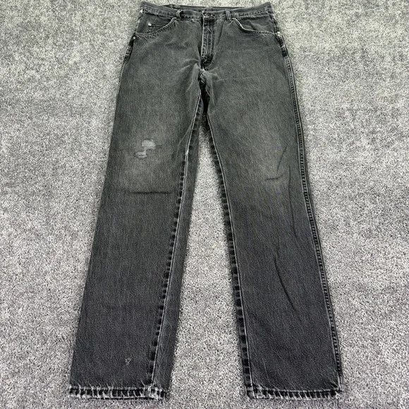 Vtg Wrangler Jeans Mens 34x34 Black Straight Leg Denim Charcoal Workwear Logo