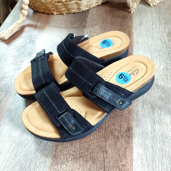 Clarks Collection Shoes Women Black Adjustable Slide Sandals April Dusk Size 6.5