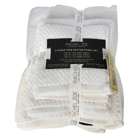 Rachel Zoe 6pc White Cotton Towel‎ Set 2 Bath 2 Hand 2 Washcloths