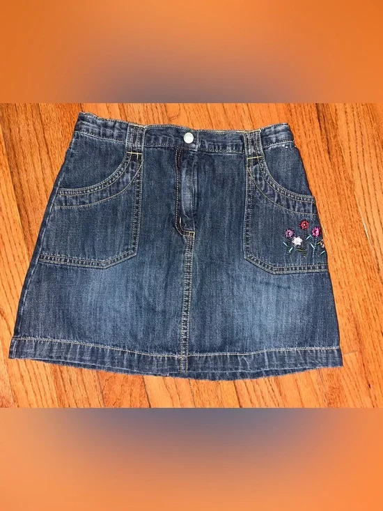 Gymboree Dark Blue Denim Skort with Pink & White Floral Embroidery, Size 9