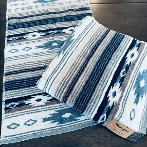 Wrangler 2-ct Western Aztec Blue Tan Tribal Boho Bath & Hand Towels Set