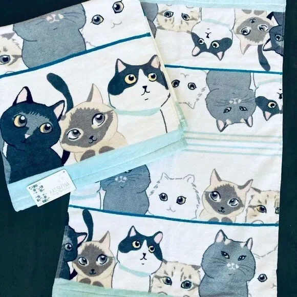 Curious Kitties Gray Cat Print 2-pc Bath & Hand Towels Set