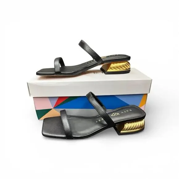 NWB Katy Perry The Framing Low Heel Sandals Black/Gold Square Toe Women’s Size 5