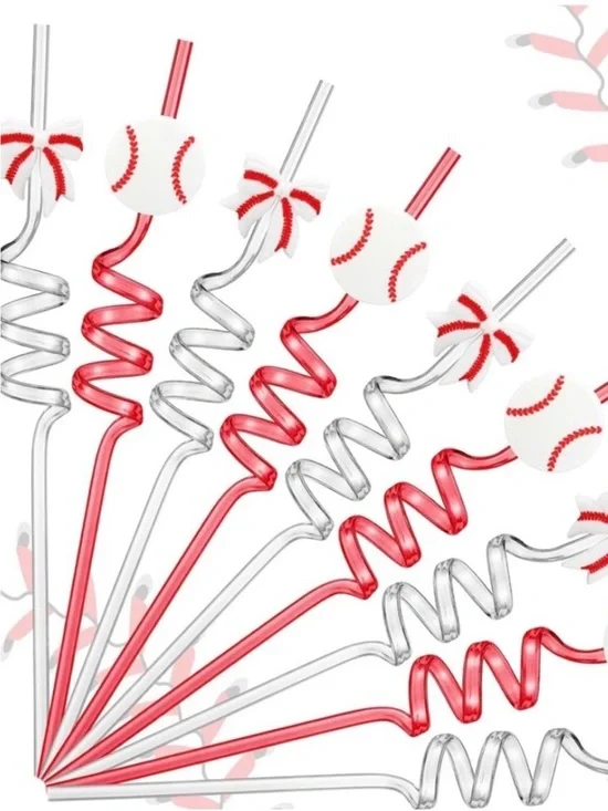 Unbranded Red & Clear Spiral Baseball Party Straws 24 NWT