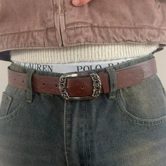 Y2K Style Brown American Western Floral Design Belt