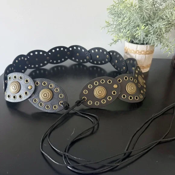 Boho Western Black Faux Leather Medallion Grommet Tie Belt Waist cinch NWOT