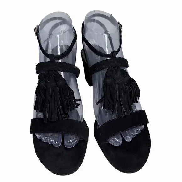 Stuart Weitzman Womens Black Suede Tassel Heels Sandals Sz 7.5
