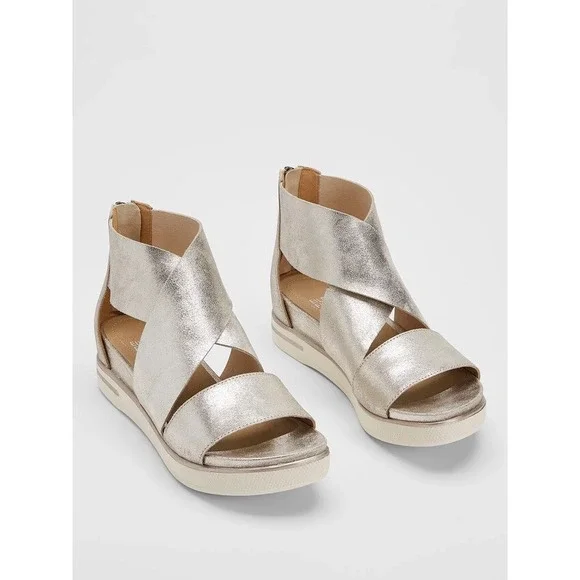 Eileen Fisher Sport Suede Sneaker Sandals 38 US7.5 Metallic Leather Back Zip