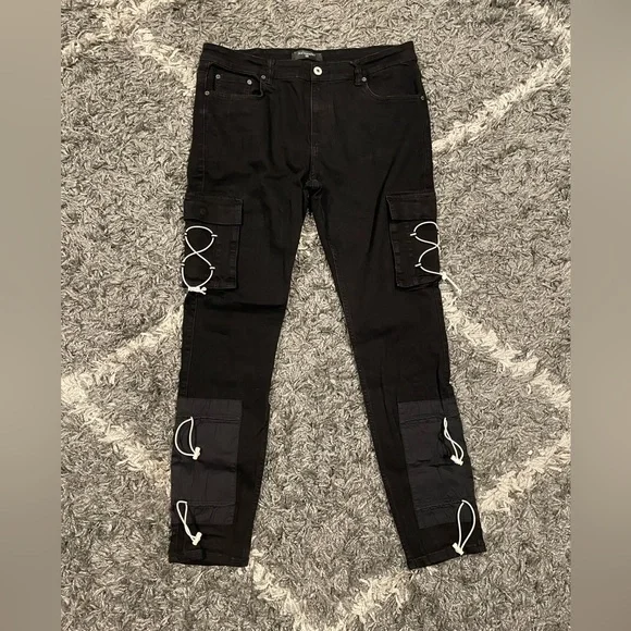 Serenede Mens Black Cargo Jeans Size 38-30