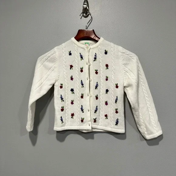 Gymboree Girls White Cable Knit Embroidered Floral Cardigan Sweater XLarge 6 Yrs