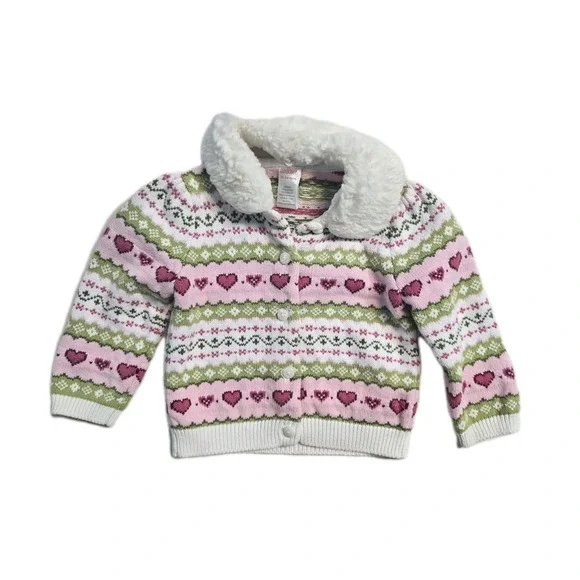 Gymboree Heart Pattern Cardigan Sweater FauxFur Collar Baby Girl 18-24 Month Y2K