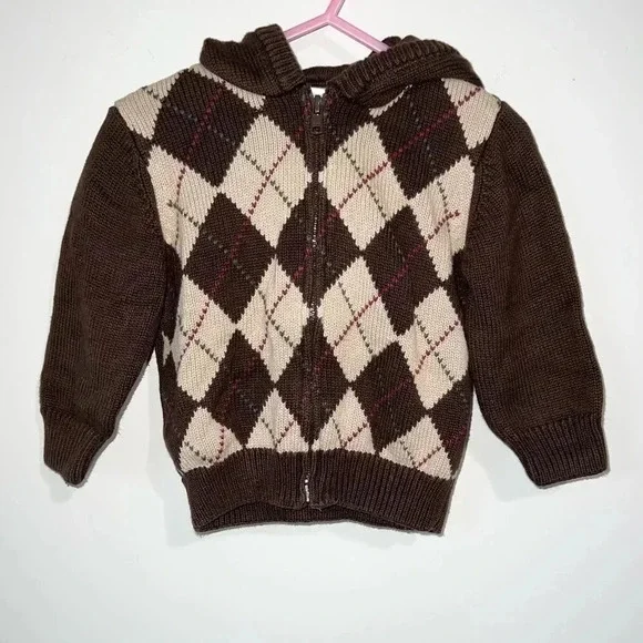 Gymboree Brown Argyle Zip Up Sweater with Hoodie Infant Boys 6-12 months