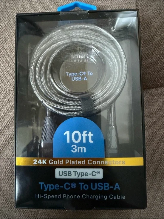 Hi-Speed Phone Charging Cable Type-C to USB-A 10ft Silver Braided New