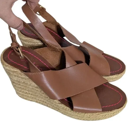 Boden Size 37 US 7 Brown Crossover Rope Platform Wedge Leather Espadrille Sandal