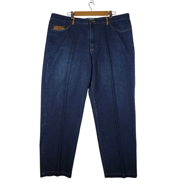 Stacy Adams Mens Dark Wash Denim Jeans 42x32 Classic Pleated Front Tan Accents