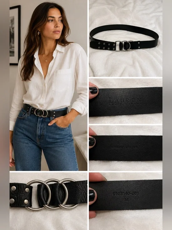 Lauren Ralph Lauren Genuine Leather Black Triple Ring Belt Med 90s Minimalist