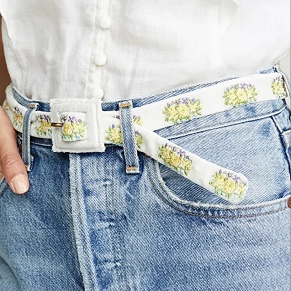 LoveShackFancy floral embroidered velvet belt Medium Large NWOT