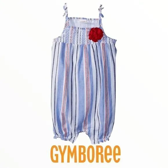 Gymboree Baby Girl Blue Red Striped Smocked Romper NWT 6-9M