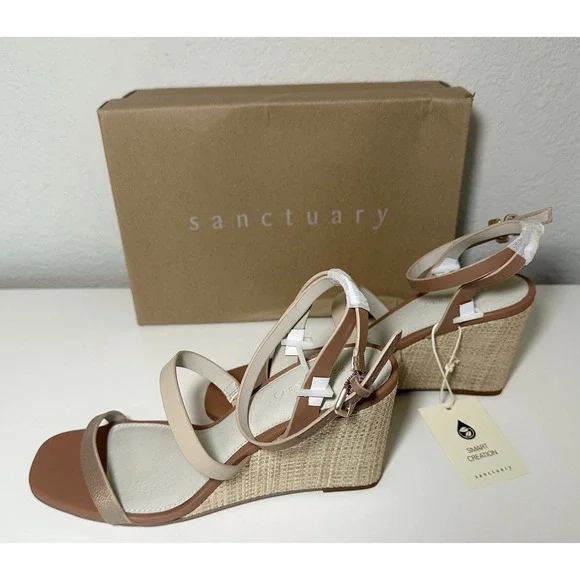 Sanctuary *NEW* Women's 8 Wink Nude Metallic Raffia Wedge Heel Leather Sandals
