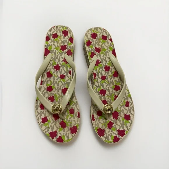 Michael Kors Women's Platform Flip Flops Wedges White/Floral Print Size 8