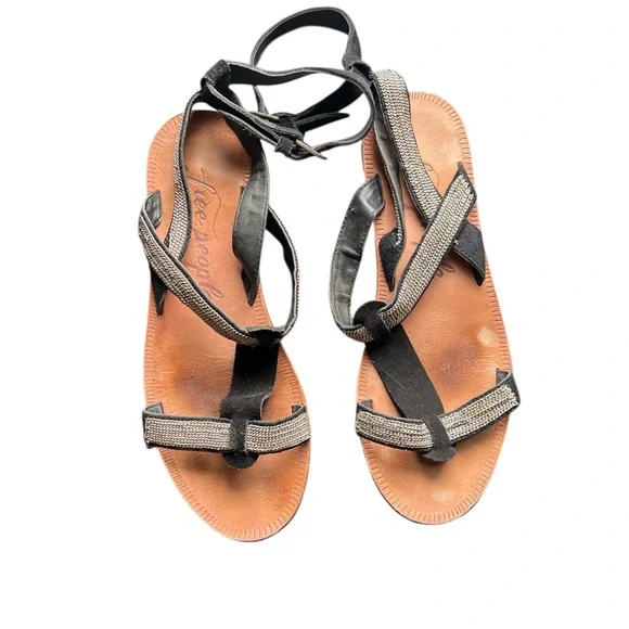 Free People Black With Silver Chain Detailing Suede Gladiator Minimalist Sandals