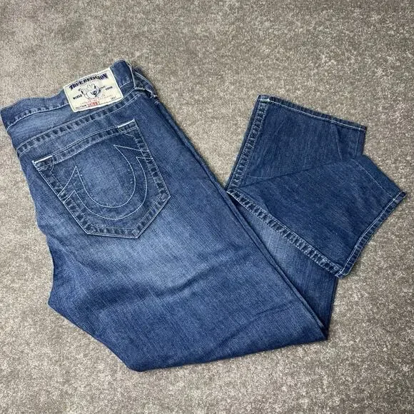 True Religion Mens 40‎ Skinny Fit Jeans Blue Distressed Denim Designer USA