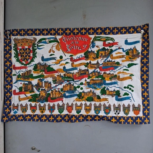 Vintage France Chateaux de la Loire in Touraine Cotton Tea Towel Tour Map