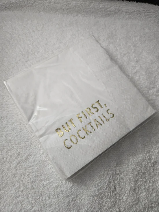 Spritz White Beverage Napkins with Gold Text 'But First, Cocktails' 30 CT 2-PLY