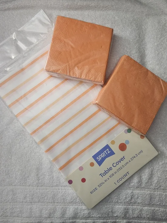 Spritz Orange Striped Table Cover with 2 Packs Of 30 CT Orange Party Napkins