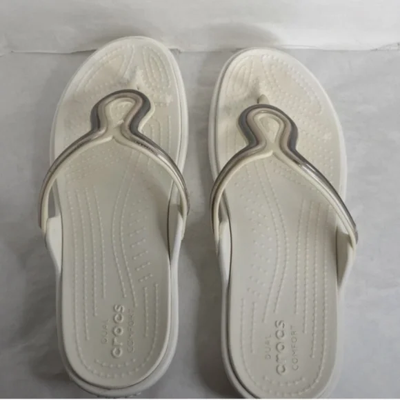 Crocs Sanrah Duel Comfort Thong White/Ivory Gold/Silver 205470 Women's Sz 7